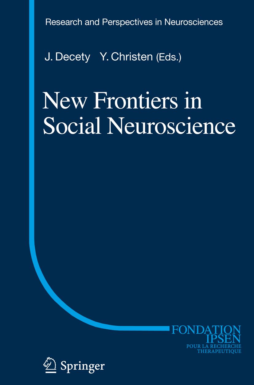 Buchcover: New Frontiers in Social Neuroscience. Titel und Autoren auf blauem Hintergrund. Verlag Springer.