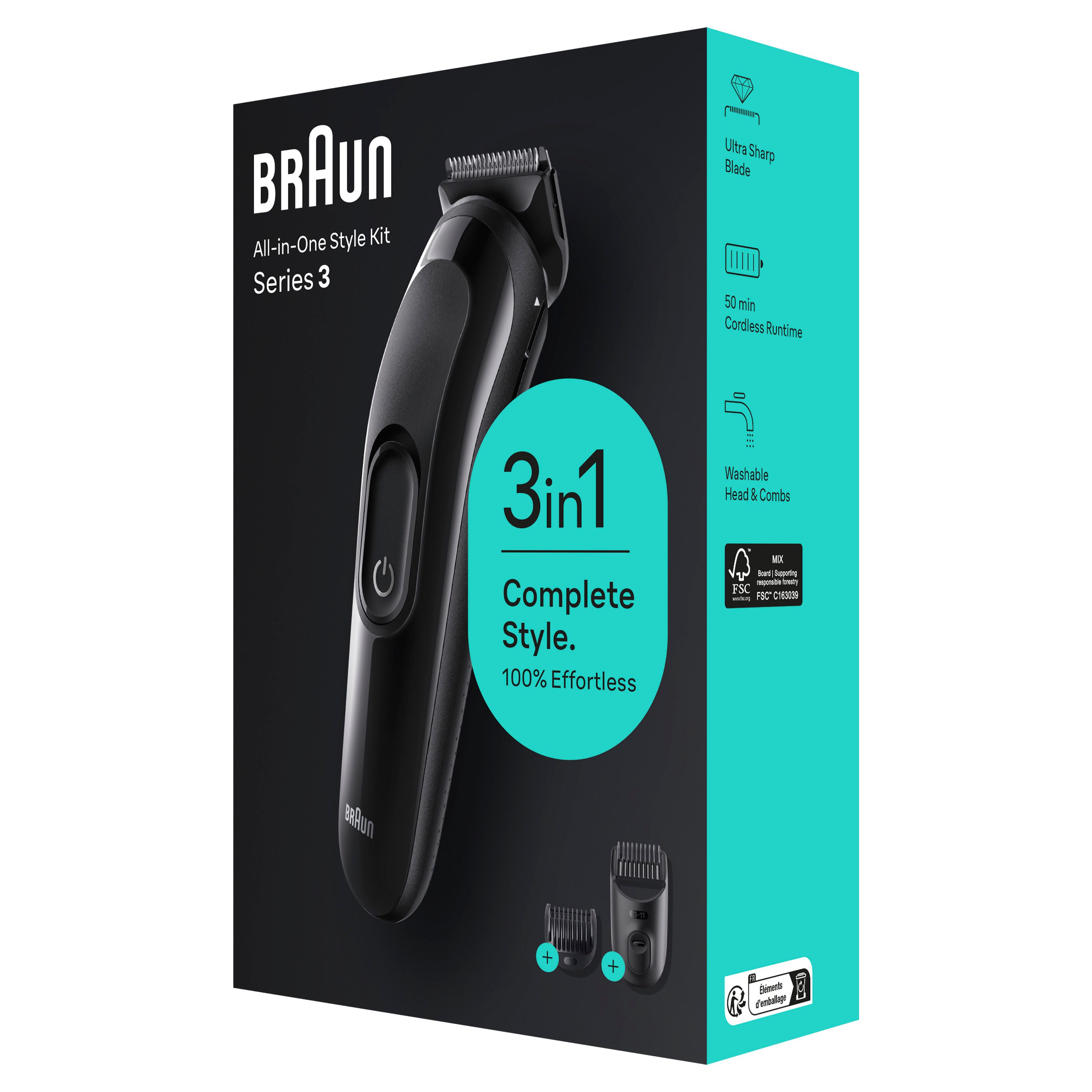Braun All-in-One Style Kit Series 3 in Verpackung. Enthält Haarschneider und Aufsätze.