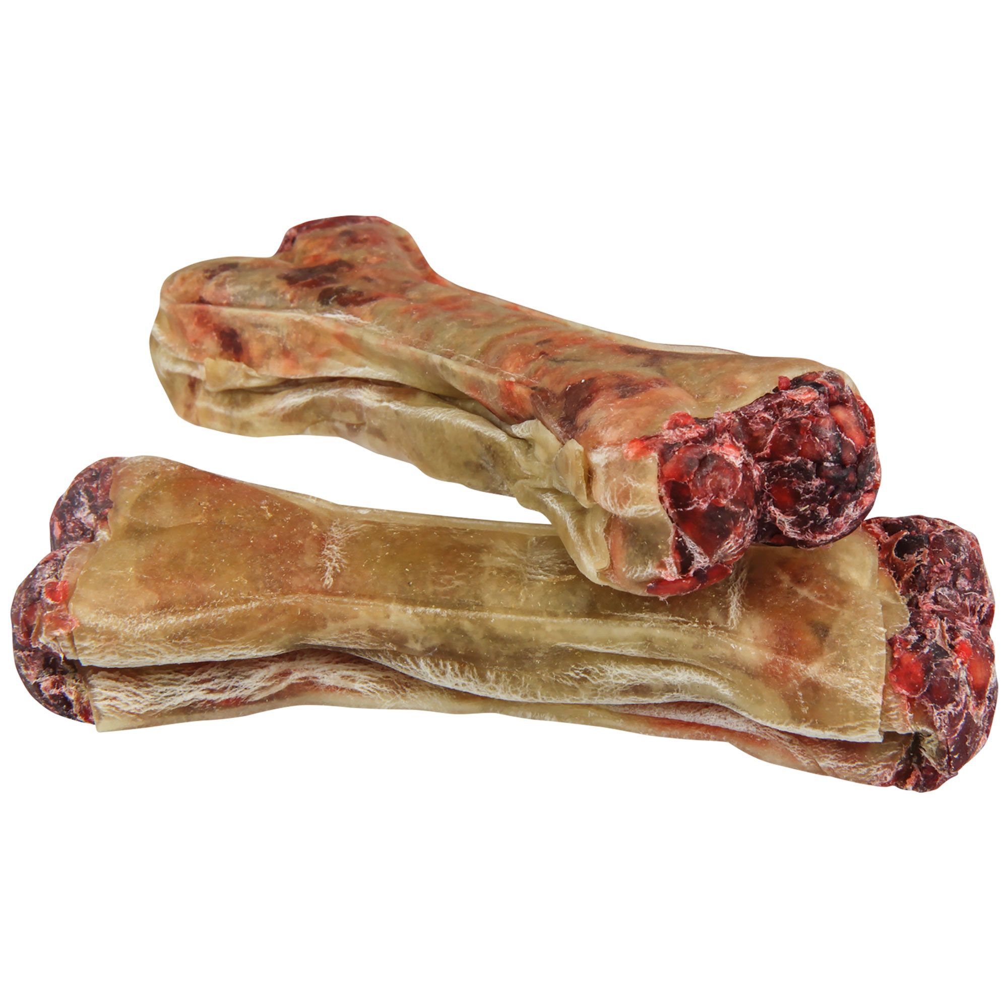Zwei Kauknochen mit Salami-Geschmack. Knochenförmig, gefüllt, braun-rot.