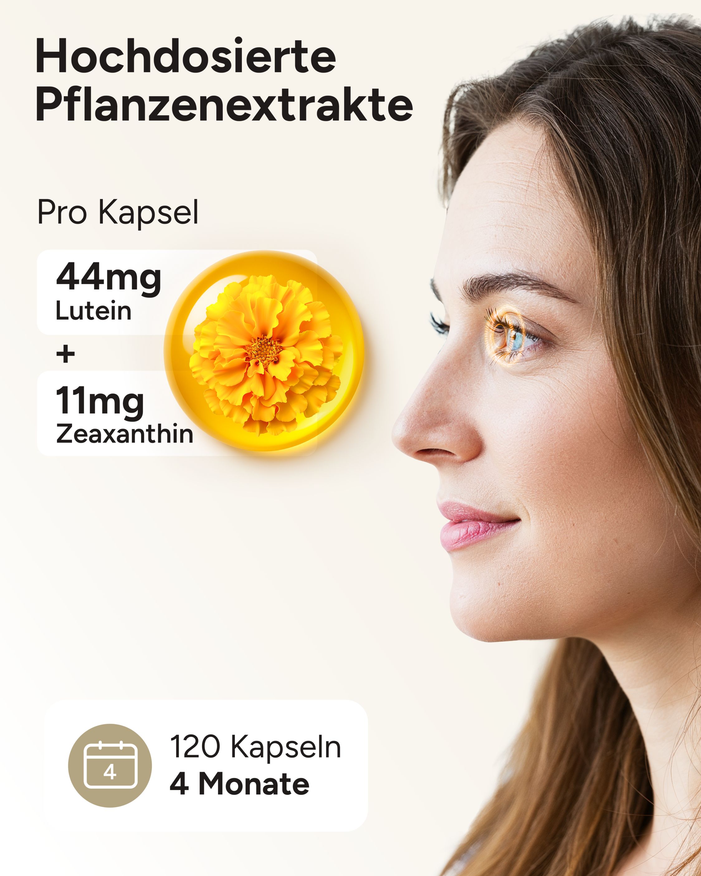 Frau mit gelber Kapsel. Text: Hochdosierte Pflanzenextrakte. 44mg Lutein + 11mg Zeaxanthin. 120 Kapseln, 4 Monate.