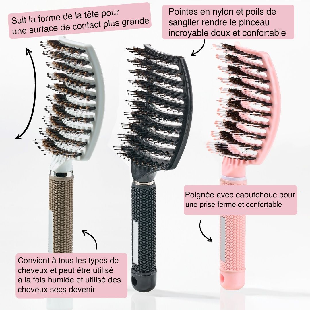 Trois brosses à palette incurvées en gris, noir et rose. Texte : Convient à tous les types de cheveux.