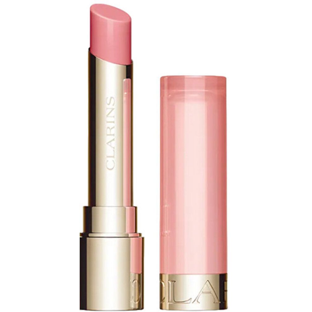 Lippenbalsam mit rosa Stift und Hülle. Goldfarbener Schaft, transparente Hülle. Marke Clarins.