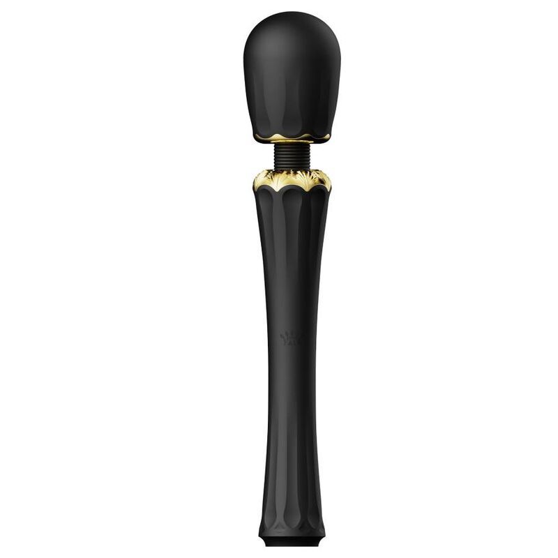 Schwarzer Stabvibrator mit geriffelter Oberfläche, goldenen Akzenten und drei Diamant-Symbolen. Kopf und Griff sind abgerundet.