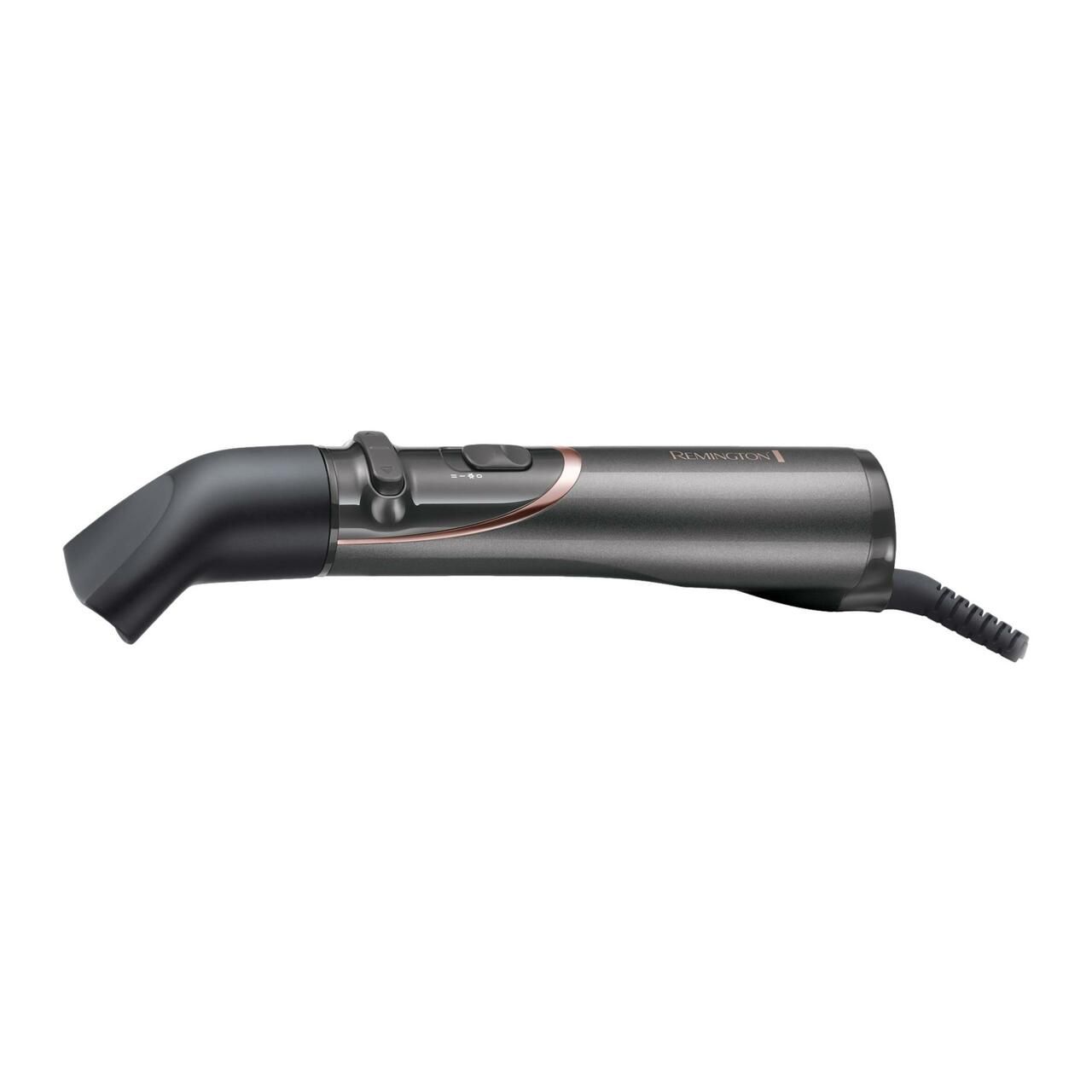 Haarstyler mit Föhndüsenaufsatz. Grau-rosafarbenes Gerät mit Knöpfen und Kabel. Remington-Logo.
