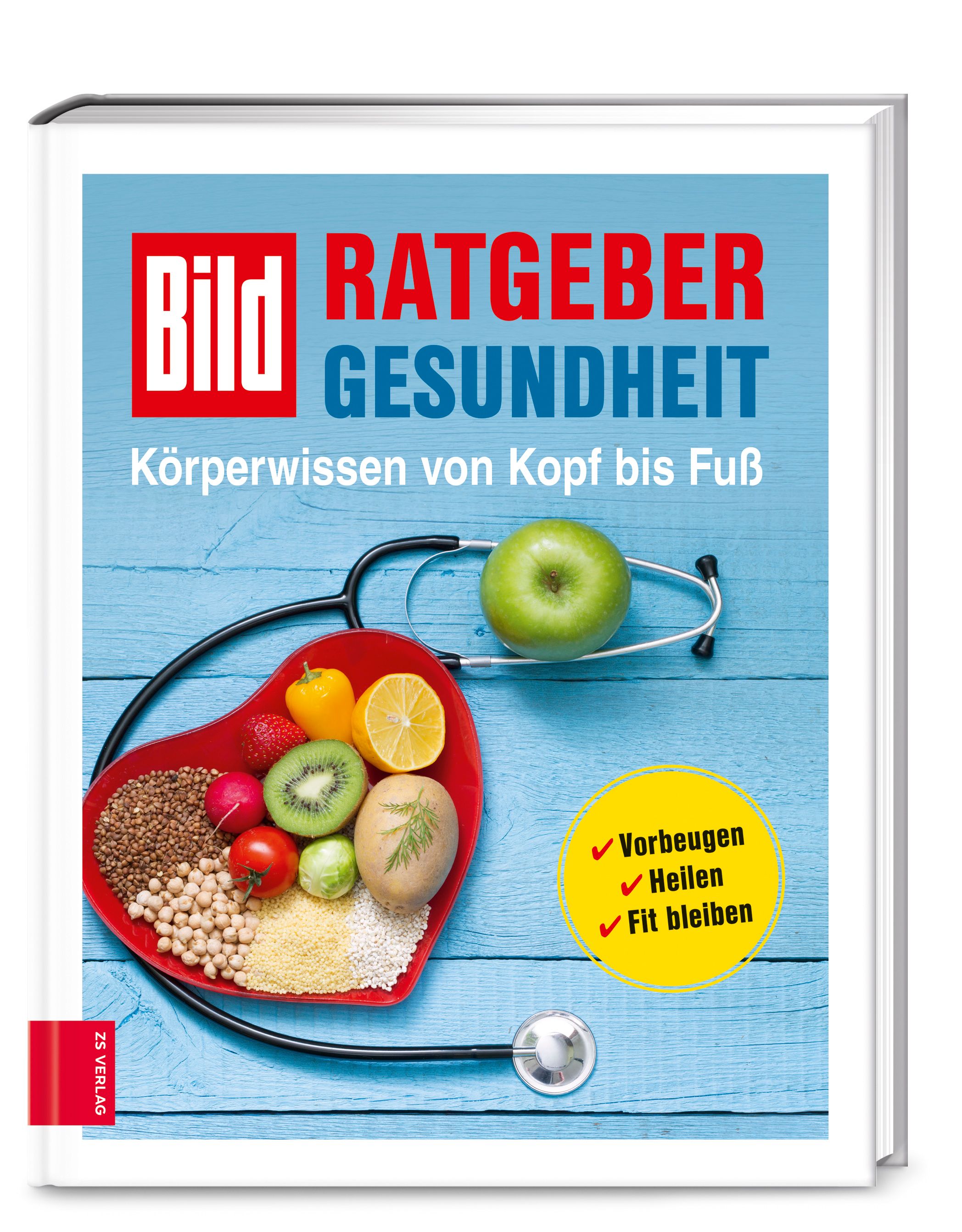 Buchcover: "BILD Ratgeber Gesundheit". Titel, Untertitel und Illustrationen von Obst und Gemüse in Herzform, Stethoskop und Apfel.