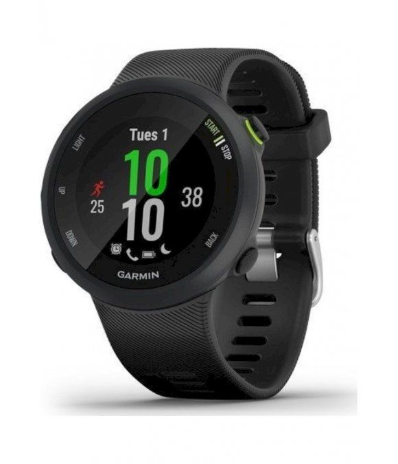 Schwarze Smartwatch mit rundem Zifferblatt. Zeigt Uhrzeit und Aktivitätsdaten an. Marke Garmin.