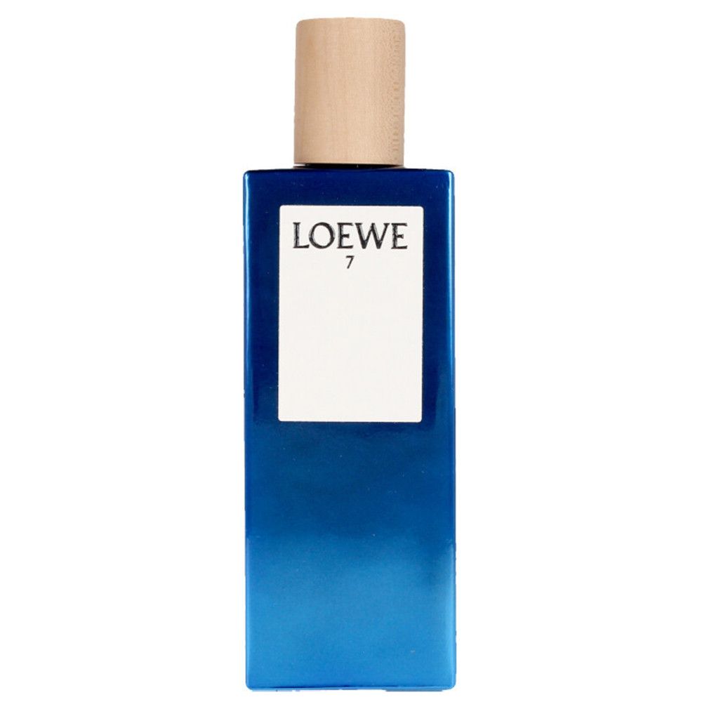 Blaues Parfümflakon mit Holzdeckel. Aufschrift LOEWE 7.