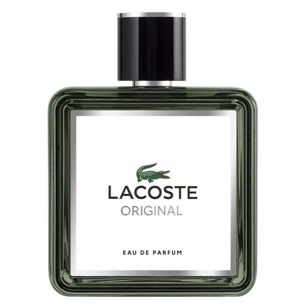 Lacoste Original EdP Nat. Spray Flakon. Quadratische Form, grüner Rahmen, weißes Etikett mit Krokodil-Logo. Text: Eau de Parfum.