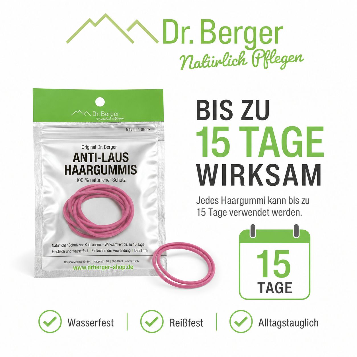 Ein pinkes Anti-Laus-Haargummi, einzeln verpackt. Bis zu 15 Tage wirksam.