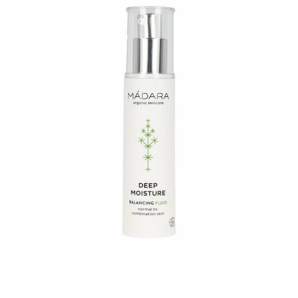 Weiße Flasche mit Pumpverschluss. Aufschrift: MÁDARA, Deep Moisture, Balancing Fluid. Mit grünen Pflanzenmotiven.