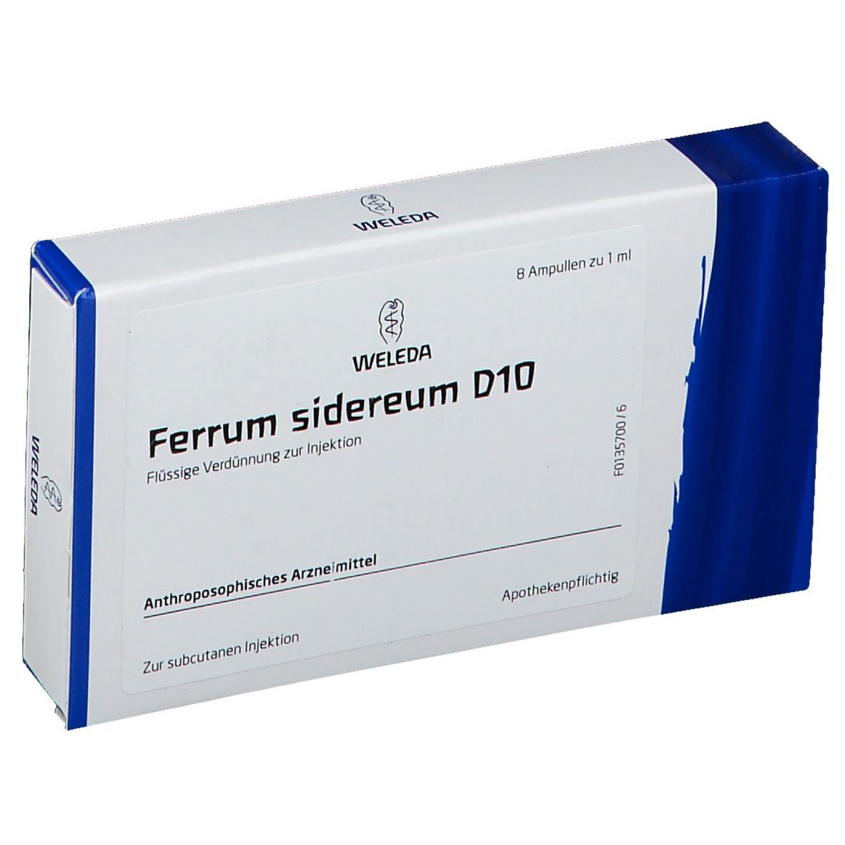 Weleda-Verpackung mit 'Ferrum sidereum D10'. Enthält 8 Ampullen. Blaue Akzente. Text: 'Flüssige Verdünnung zur Injektion'.