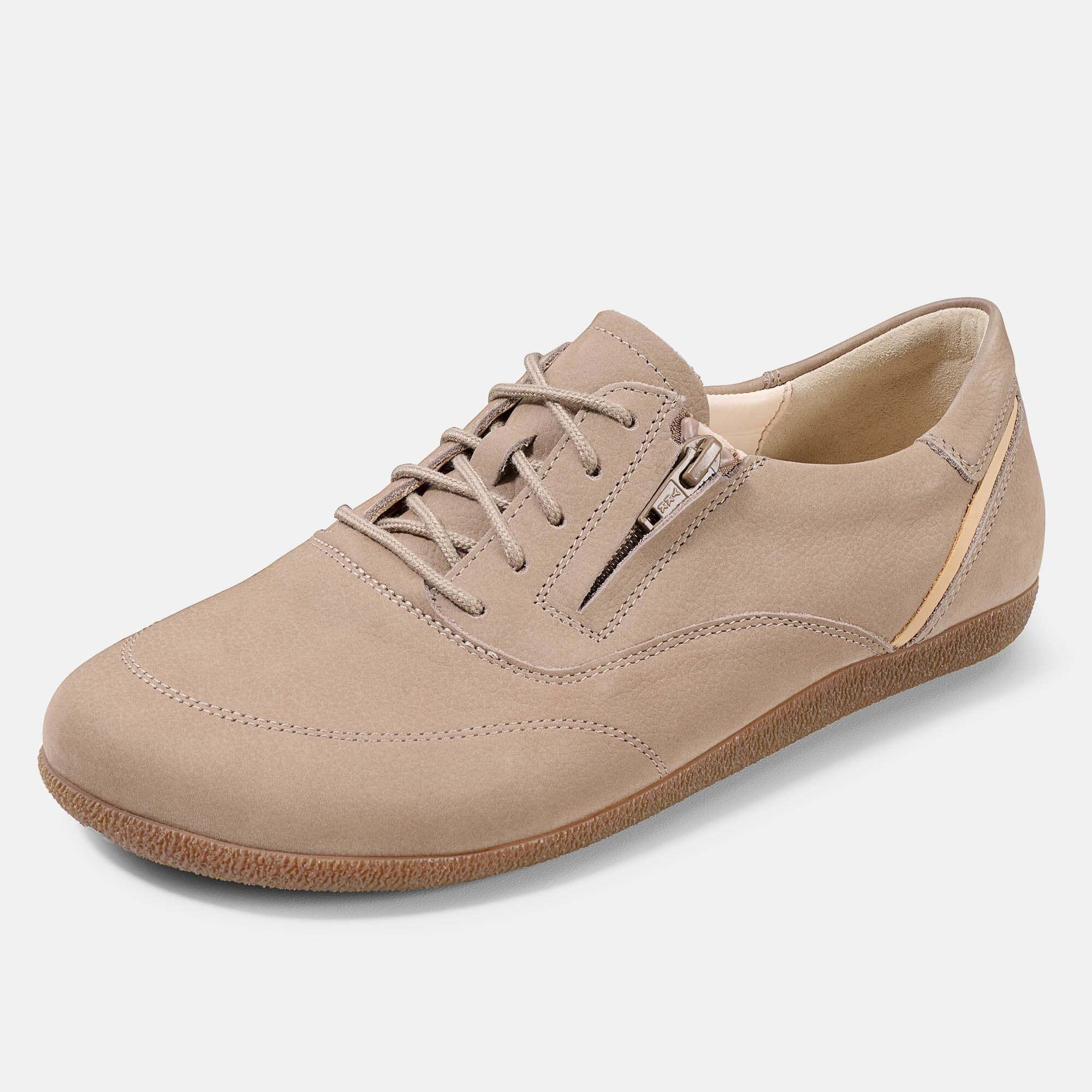 BÄR Schuhe Clea Damen Schnürer, beige, seitliche Ansicht mit Schnürung und Reißverschluss.