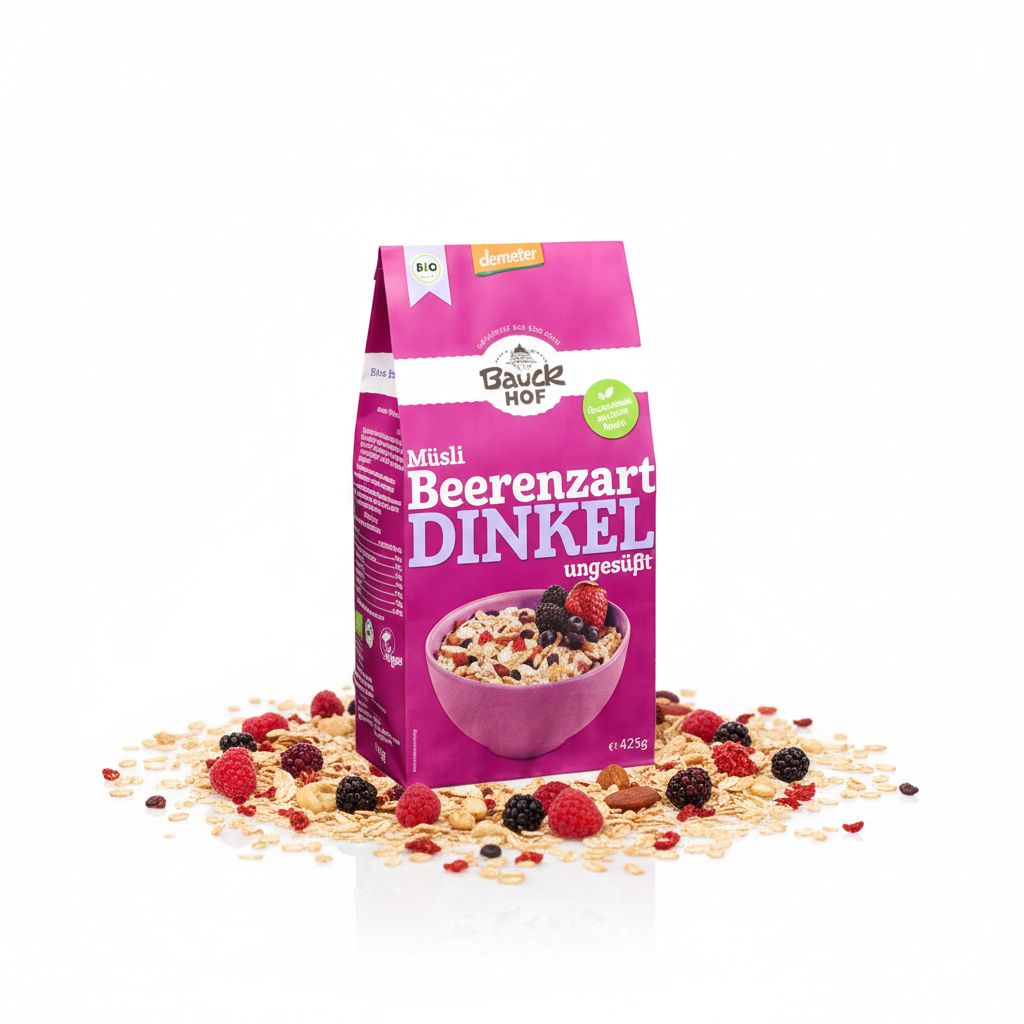 Bauckhof Dinkel Müsli Beerenzart umgeben von Haferflocken und Beeren.