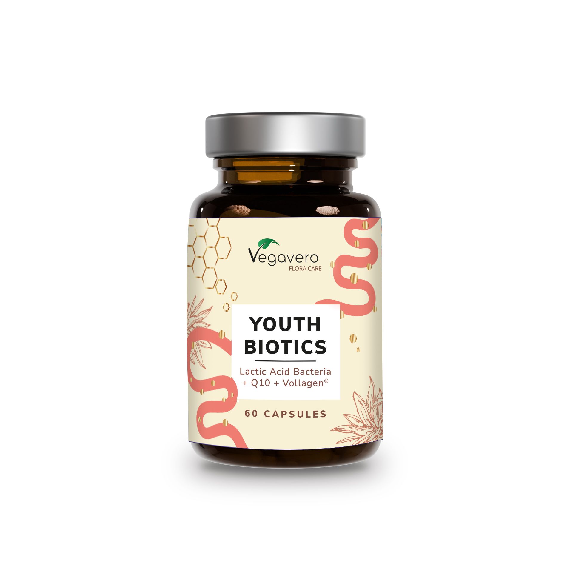 Braune Glasflasche mit Kapseln. Aufkleber mit "Youth Biotics" und "Vegavaro" Logo. 60 Kapseln.