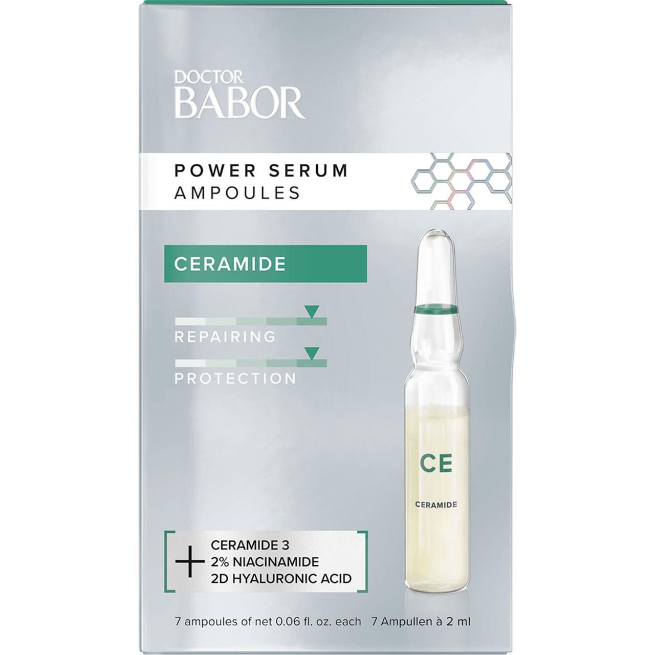 Verpackung mit Ampulle. Aufschrift: Doctor Babor Power Serum Ampullen Ceramide. Enthält 7 Ampullen.