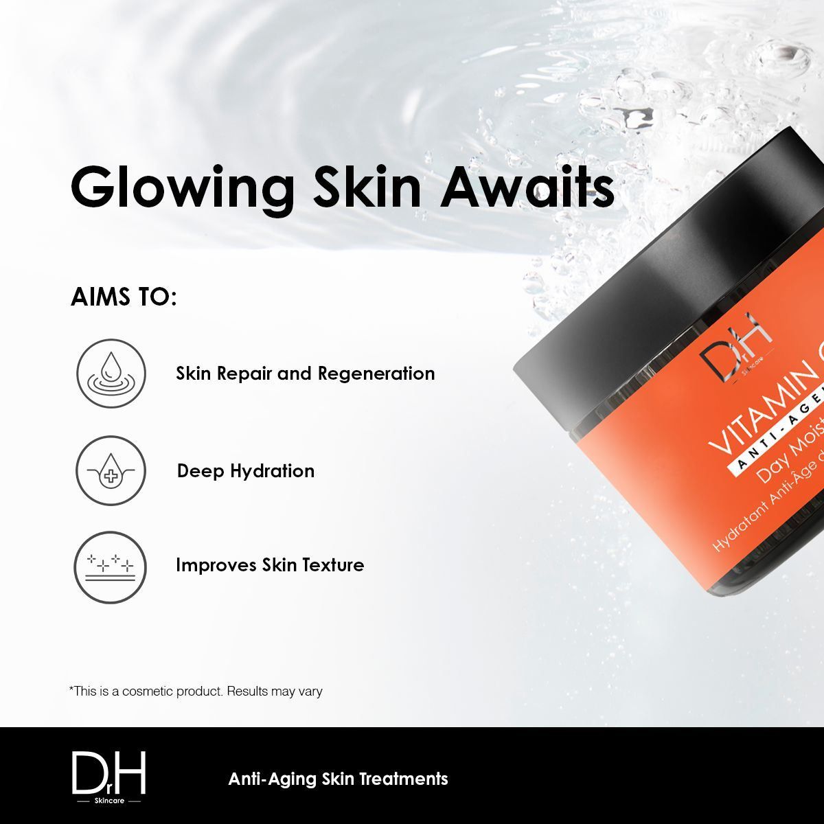 Dr H Vitamin C Anti-Aging Tagescreme mit Vorteilen wie Hautreparatur, tiefe Hydration und verbesserte Hauttextur.