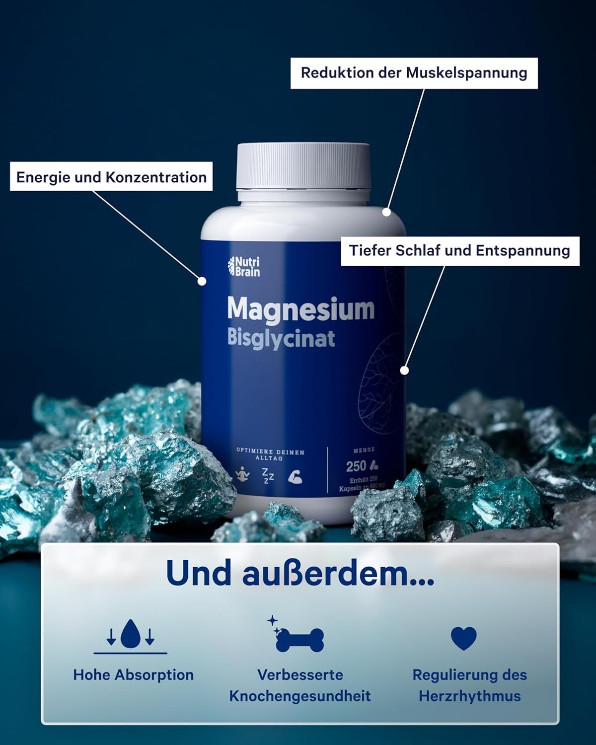 Nutri Brain Magnesium Bisglycinat Flasche mit 250 Kapseln, umgeben von blauen Kristallen.