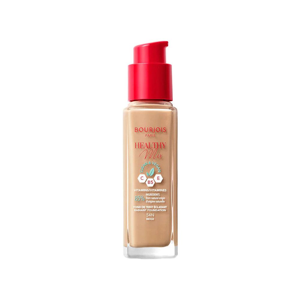 Bourjois Healthy Mix Foundation. Glasflasche mit rotem Pumpdeckel. Aufschrift: Healthy Mix, Vitamin C, E, B5. Farbton: 54N Beige.