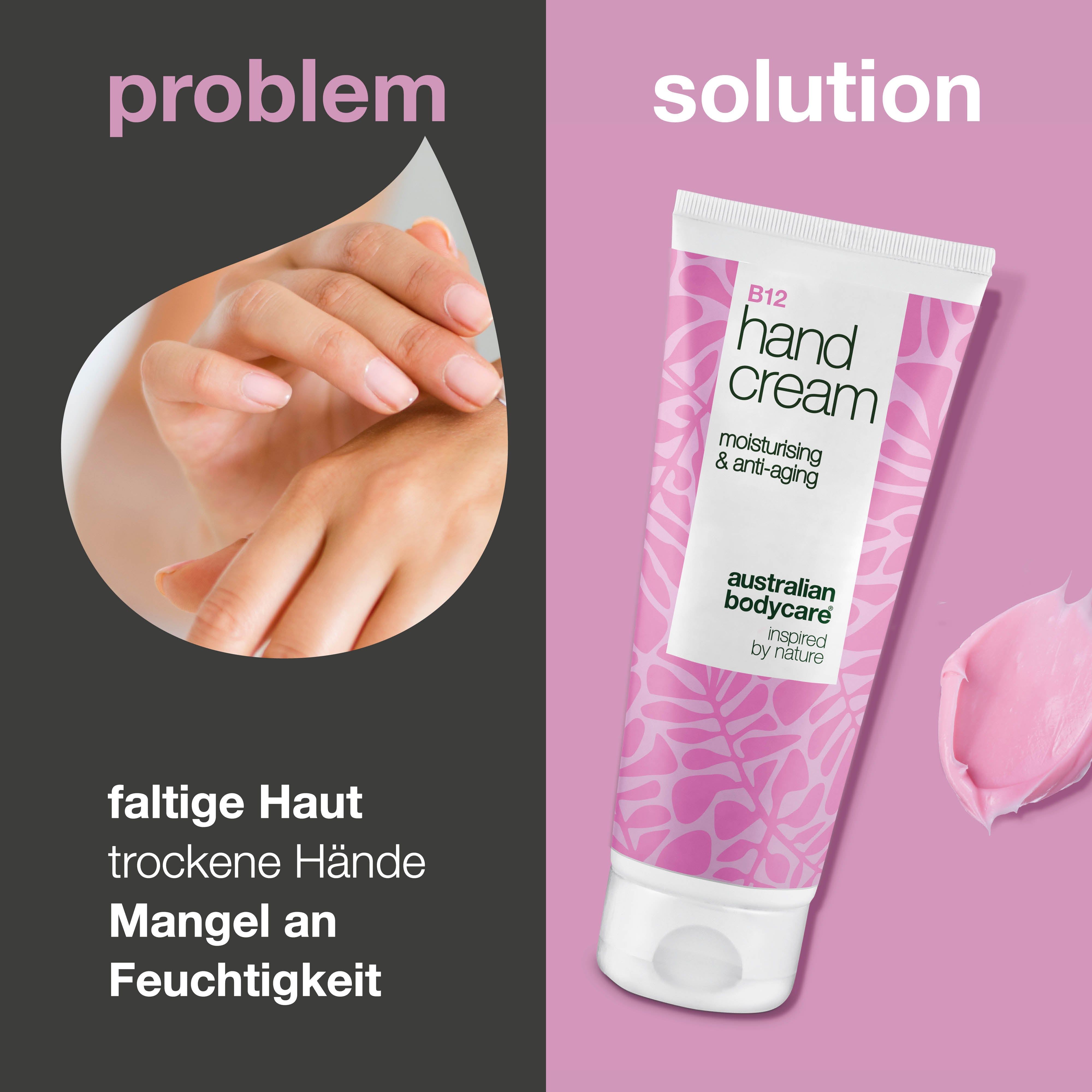 Handcreme-Tube, rosa Creme, Text: B12 Hand Cream, Australian Bodycare. Links: trockene Hände.