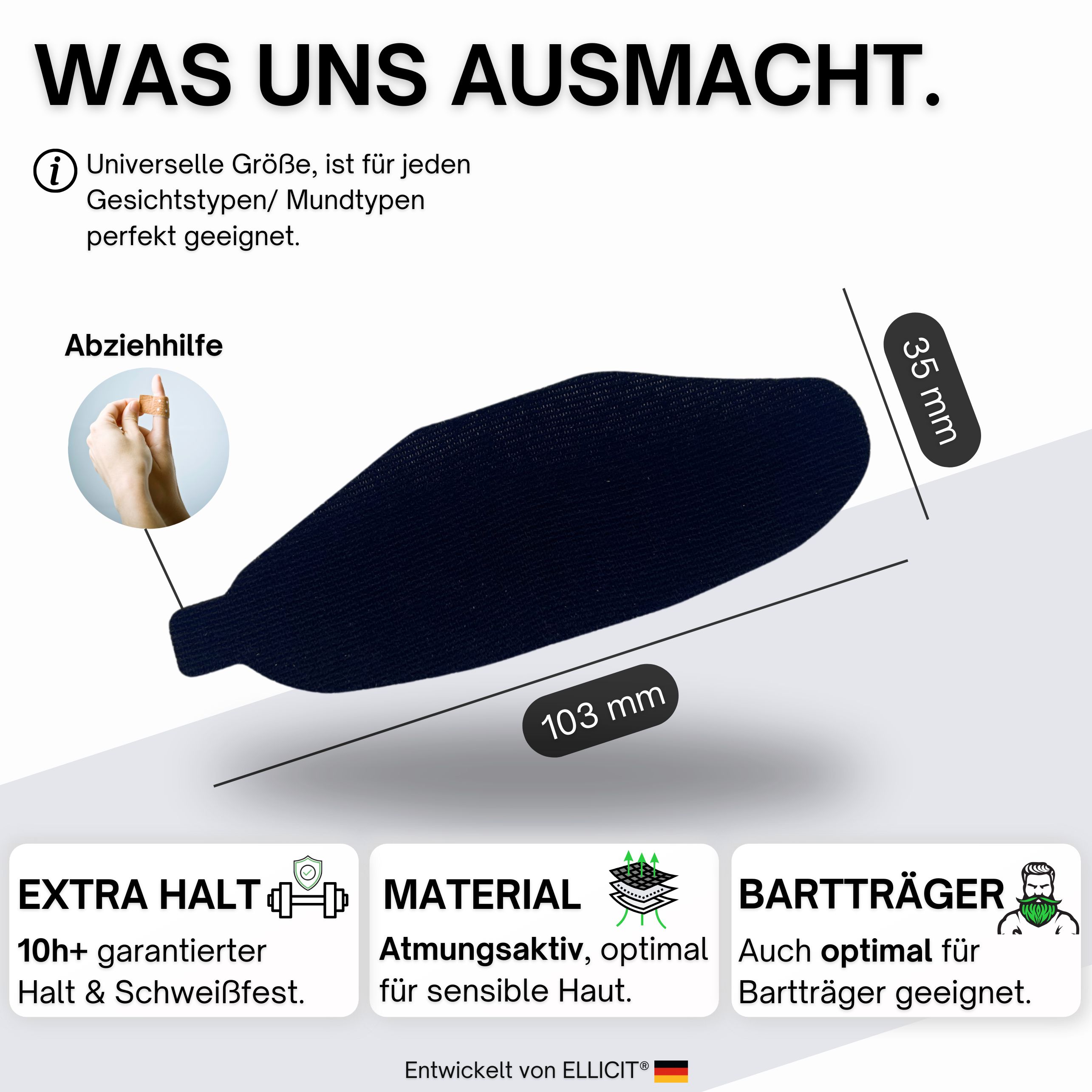 Schwarzes Mundpflaster mit Maßangaben: 103 mm x 35 mm. Text: Universelle Größe. Material für sensible Haut.