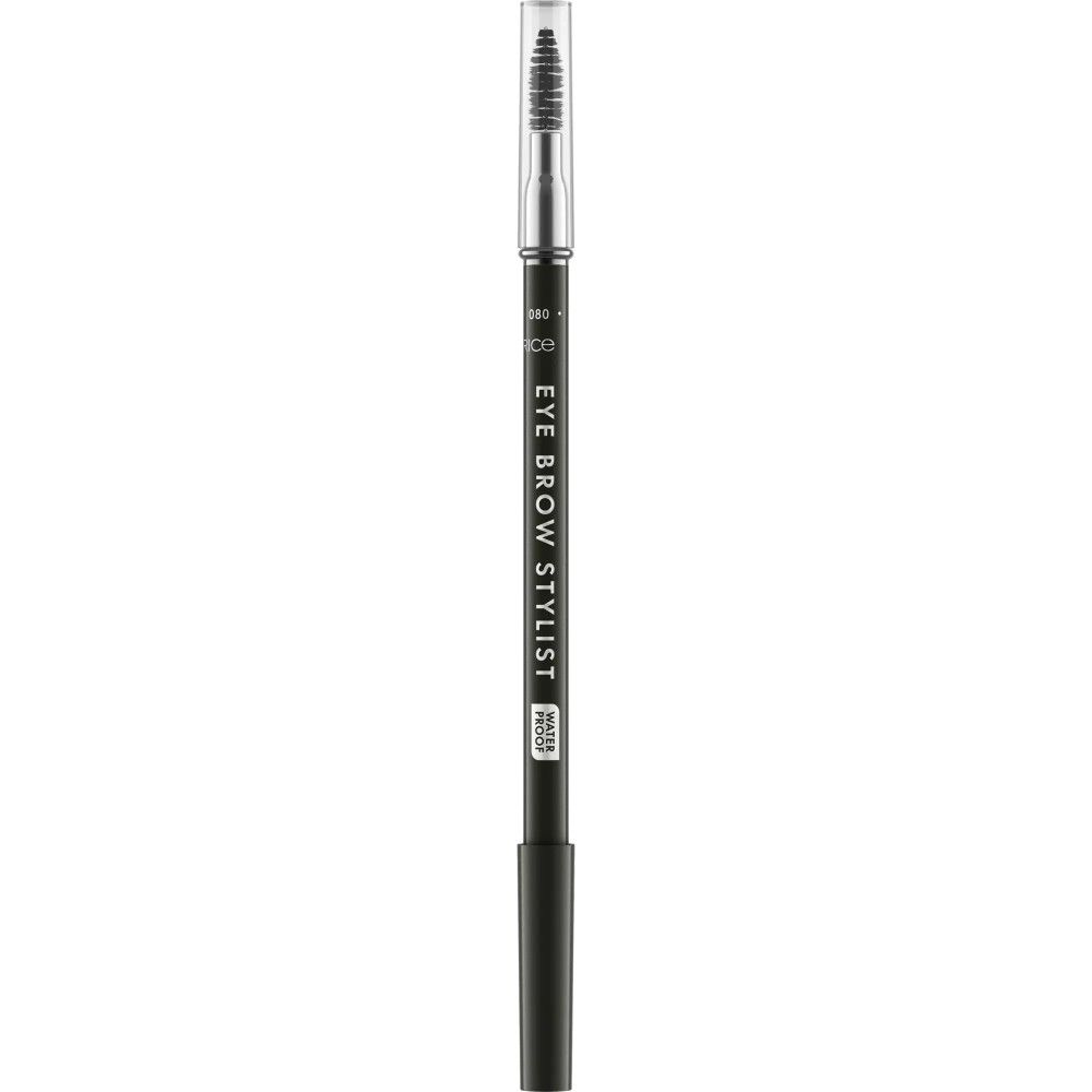 Schwarzer Augenbrauenstift mit Bürste und silbernem Applikator. 'EYE BROW STYLIST'.