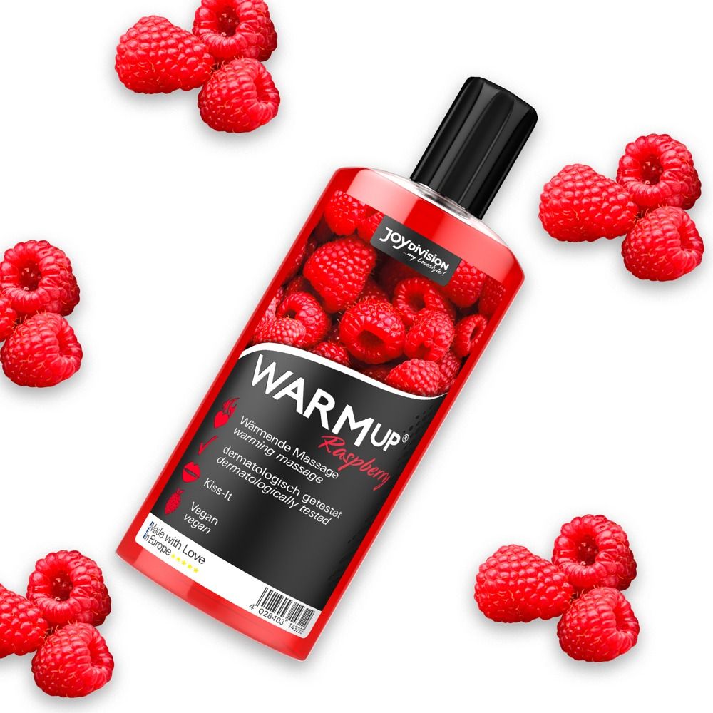 Flasche mit Himbeer-Motiv. Aufschrift: WARM UP Raspberry. Dermatologisch getestet, vegan. Himbeeren umgeben die Flasche.
