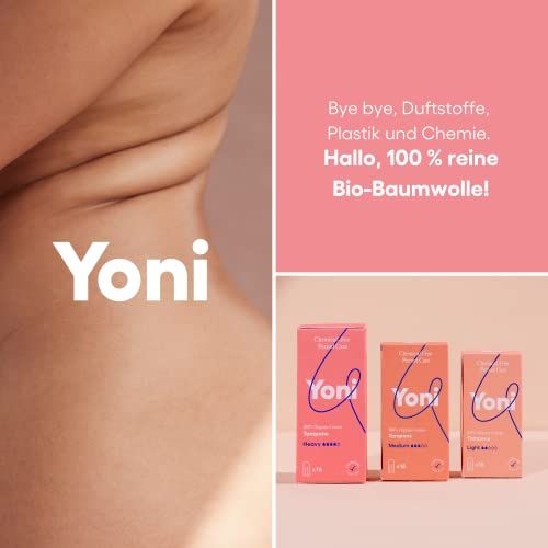 Collage: Text, Haut, drei Schachteln Tampons. Text: Bye bye Plastik, Hallo 100% Bio-Baumwolle. Yoni.