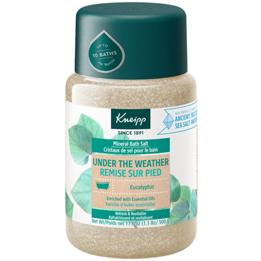 Zylindrische Dose mit Badesalz. Aufschrift: Kneipp, Under the Weather, Eukalyptus. Grüner Deckel. Enthält Meersalz.