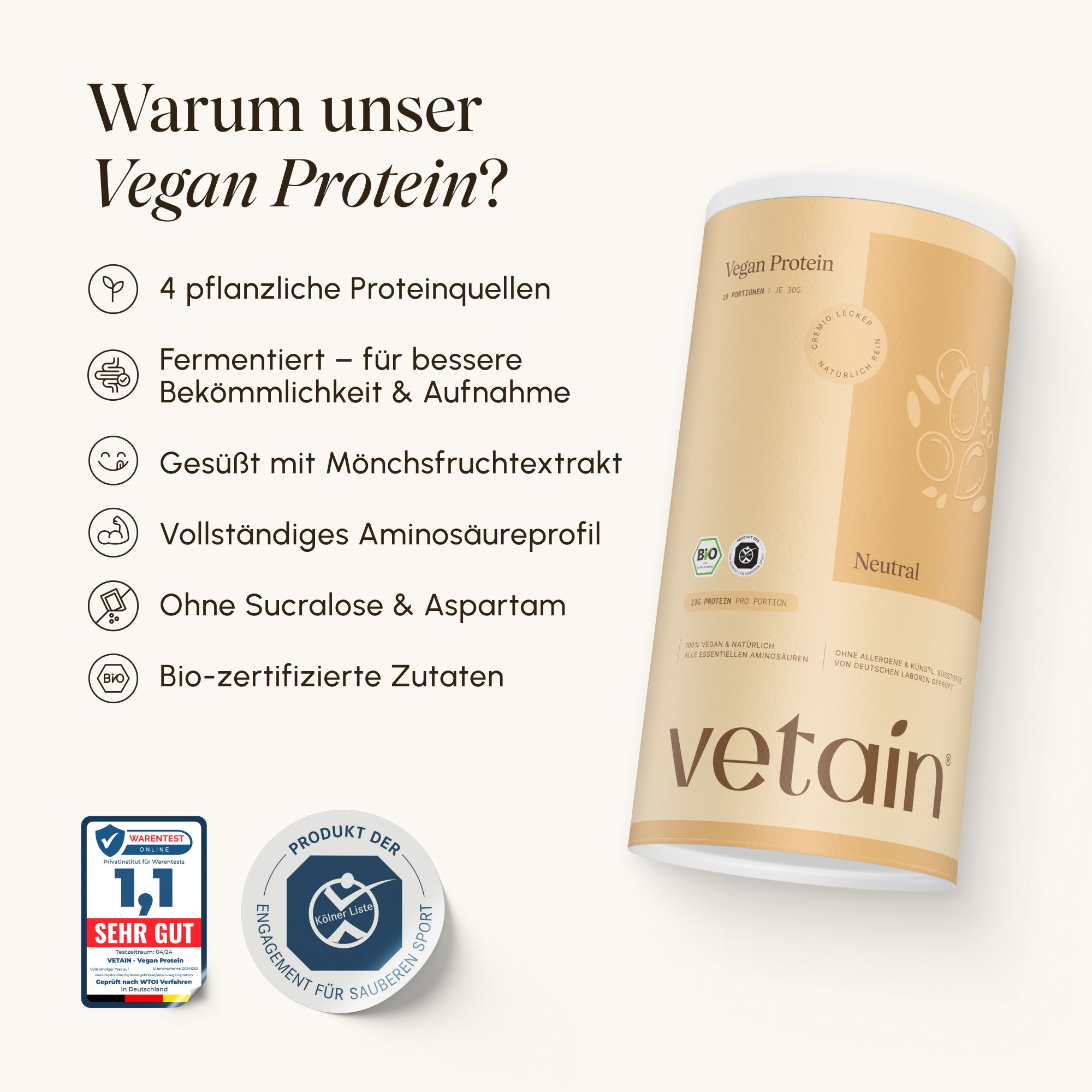 Dose "Vegan Protein Neutral" mit Text und Logos. 4 pflanzliche Proteinquellen, ohne Sucralose, Bio-zertifiziert.