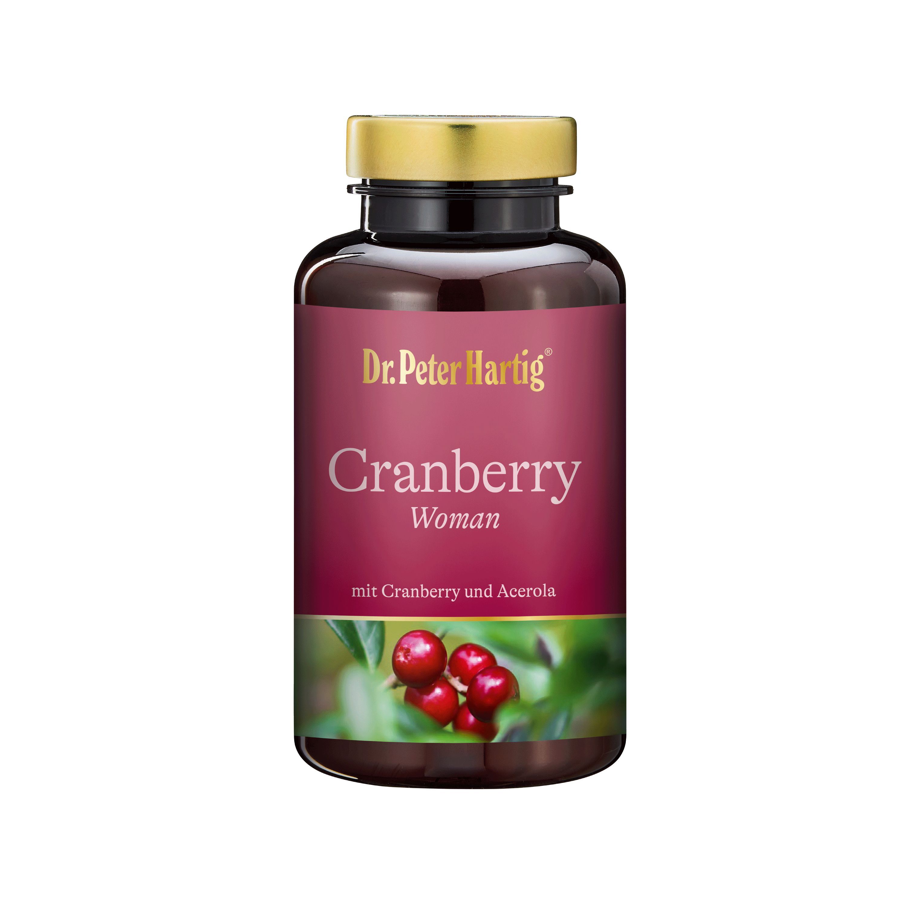 Braune Flasche mit goldfarbenem Deckel. Auf dem Etikett steht "Dr. Peter Hartig Cranberry Woman". Darunter Cranberry-Abbildung.