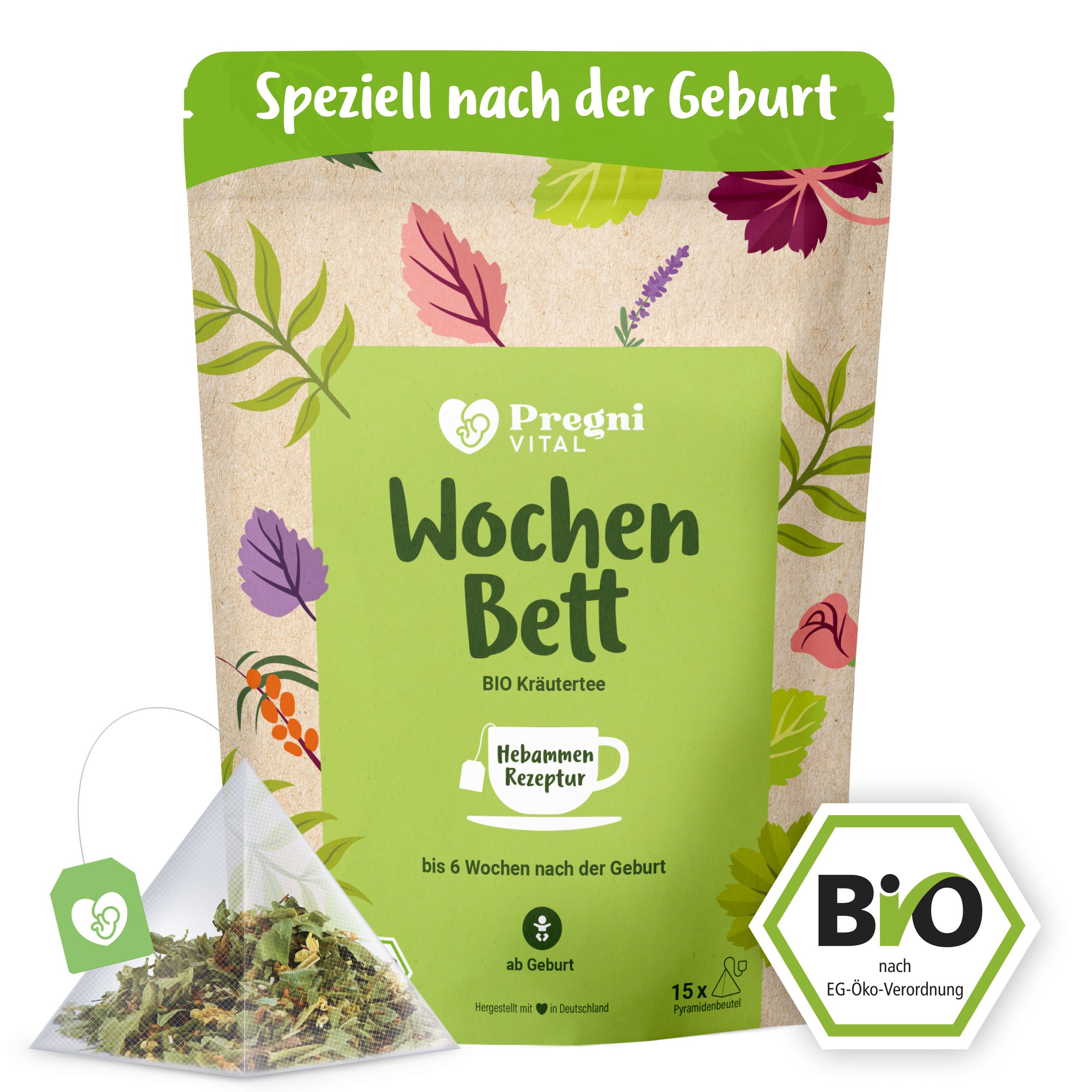 PregniVital Wochenbett BIO Kräutertee Packung mit einem Teebeutel. "Speziell nach der Geburt" und BIO-Siegel sichtbar.