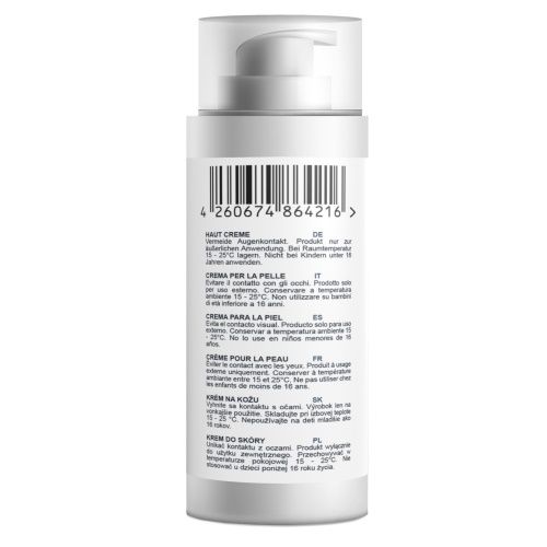Rückseite einer weißen Flasche. Text in mehreren Sprachen, darunter Deutsch, Italienisch, Spanisch, Französisch, Slowakisch und Polnisch.