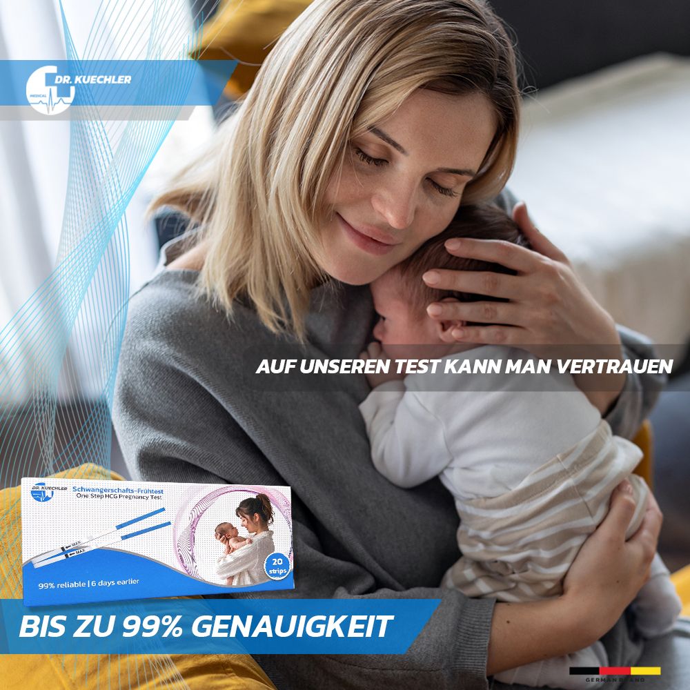 Frau umarmt Baby. Packung Schwangerschaftstests im Vordergrund. "Bis zu 99% Genauigkeit".