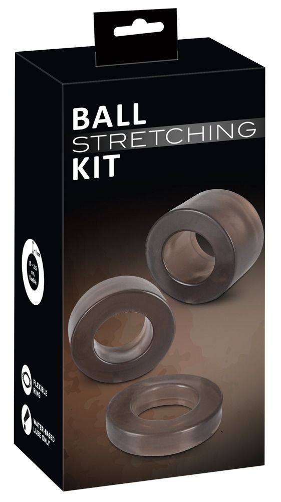 Produktverpackung mit drei Ringen. Text: BALL STRETCHING KIT. Flexible Ringe, wasserbasiertes Gleitmittel.