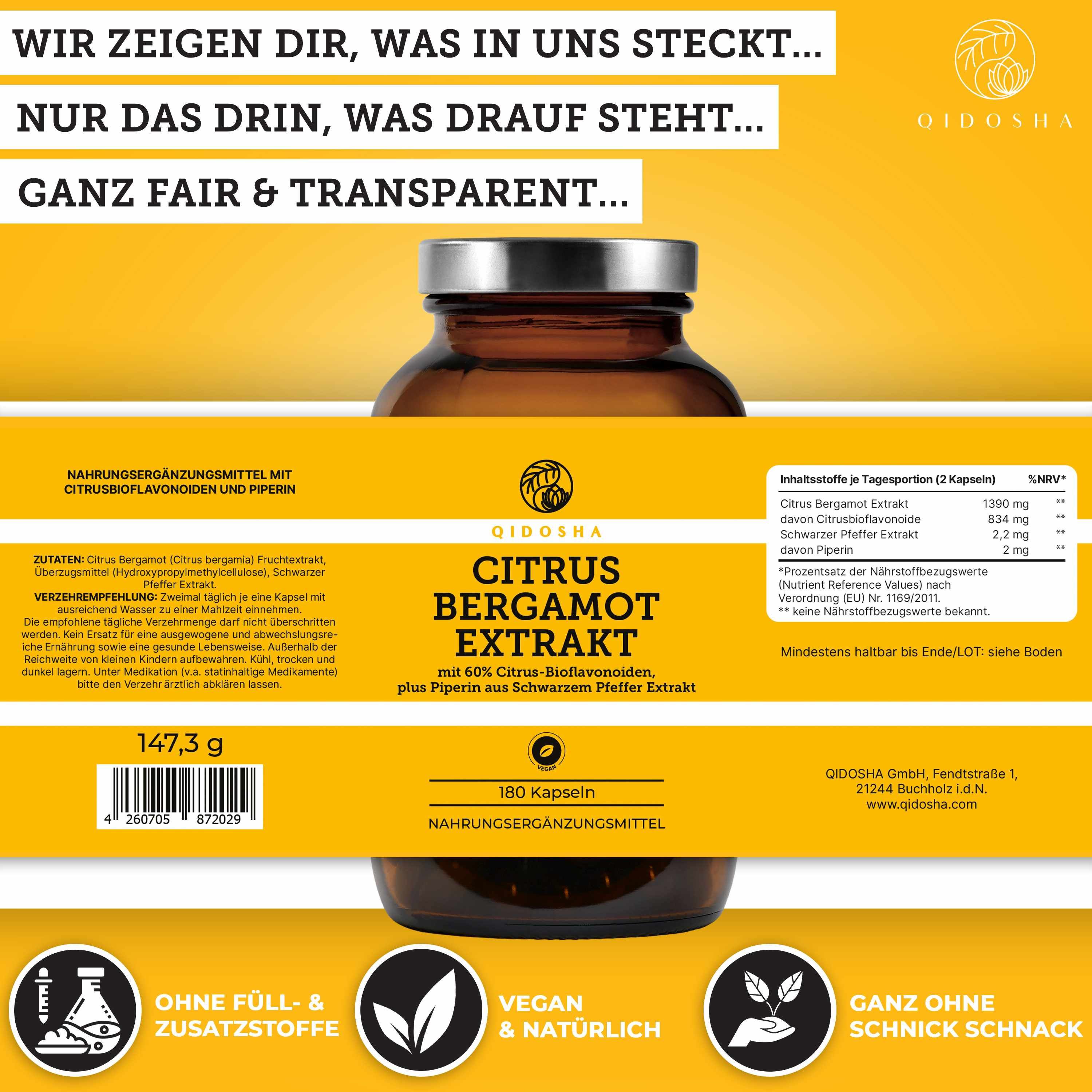 Braune Flasche QIDOSHA Citrus Bergamot Extrakt. Aufschrift: 180 Kapseln. Text: Ohne Füll- & Zusatzstoffe, vegan & natürlich, ganz fair & transparent.