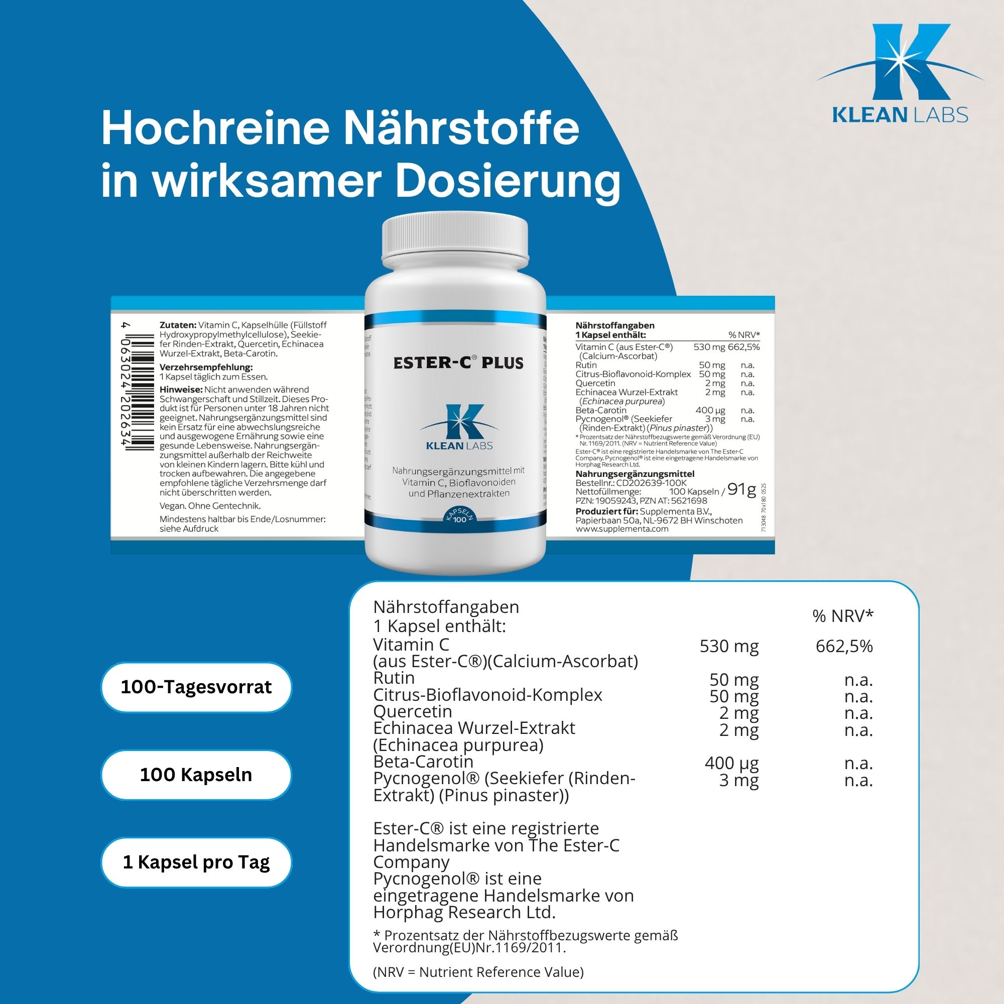 Weiße Flasche, Text: ESTER-C PLUS. Nährwertangaben: Vitamin C, Rutin, Citrus-Bioflavonoid-Komplex, Quercetin, etc.