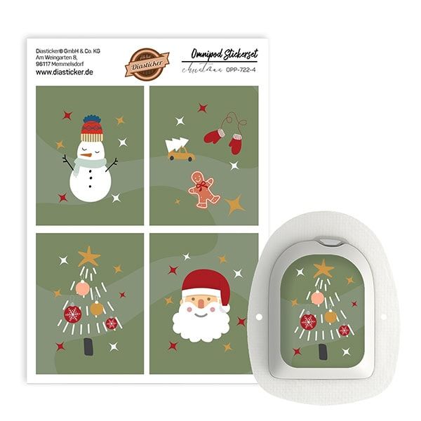 Diasticker® Omnipod Stickerset "Christmas". Aufkleber mit Weihnachtsmotiven und Omnipod-Gerät.