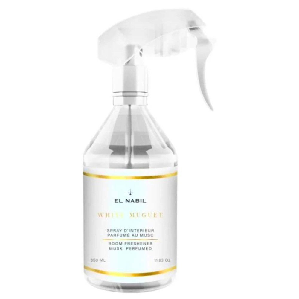 Transparente Sprühflasche mit weißem Etikett und goldenen Akzenten. Beschriftung: EL NABIL, White Muguet, Raumduft, Moschusduft.