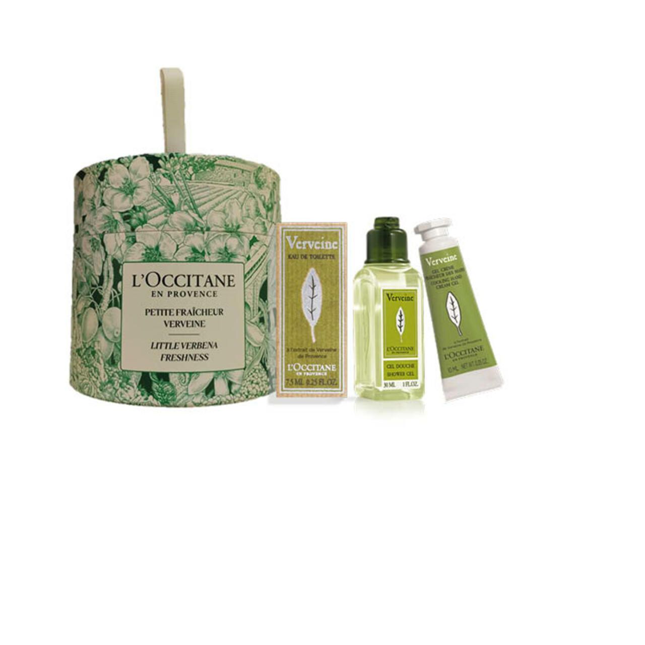 L'Occitane Verbene Kennenlern-Set: Duschgel, Handcreme, Eau de Toilette und eine Duftkerze in Geschenkverpackung.
