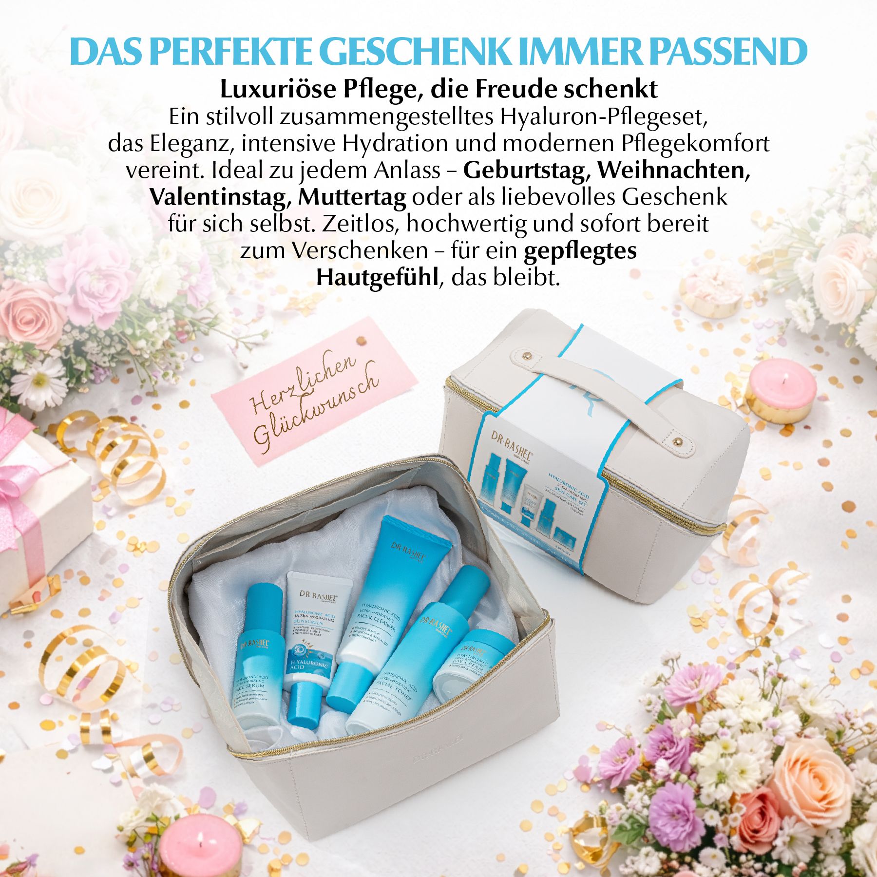 DR RASHEL Gesichtspflege-Set Hyaluronic Acid Serum Cream Cleanser Toner SPF