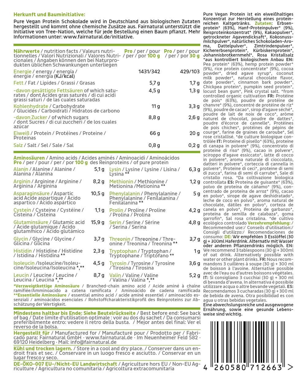 Nährwertangaben und Zutatenliste für FAIRNATURAL Pure Vegan Protein Schokolade.