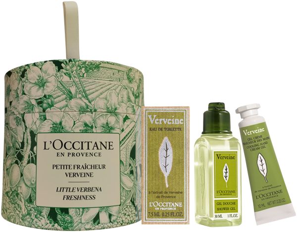 L'Occitane Verbene Kennenlern-Set: Duschgel, Handcreme, Eau de Toilette und eine Duftkerze in Geschenkverpackung.