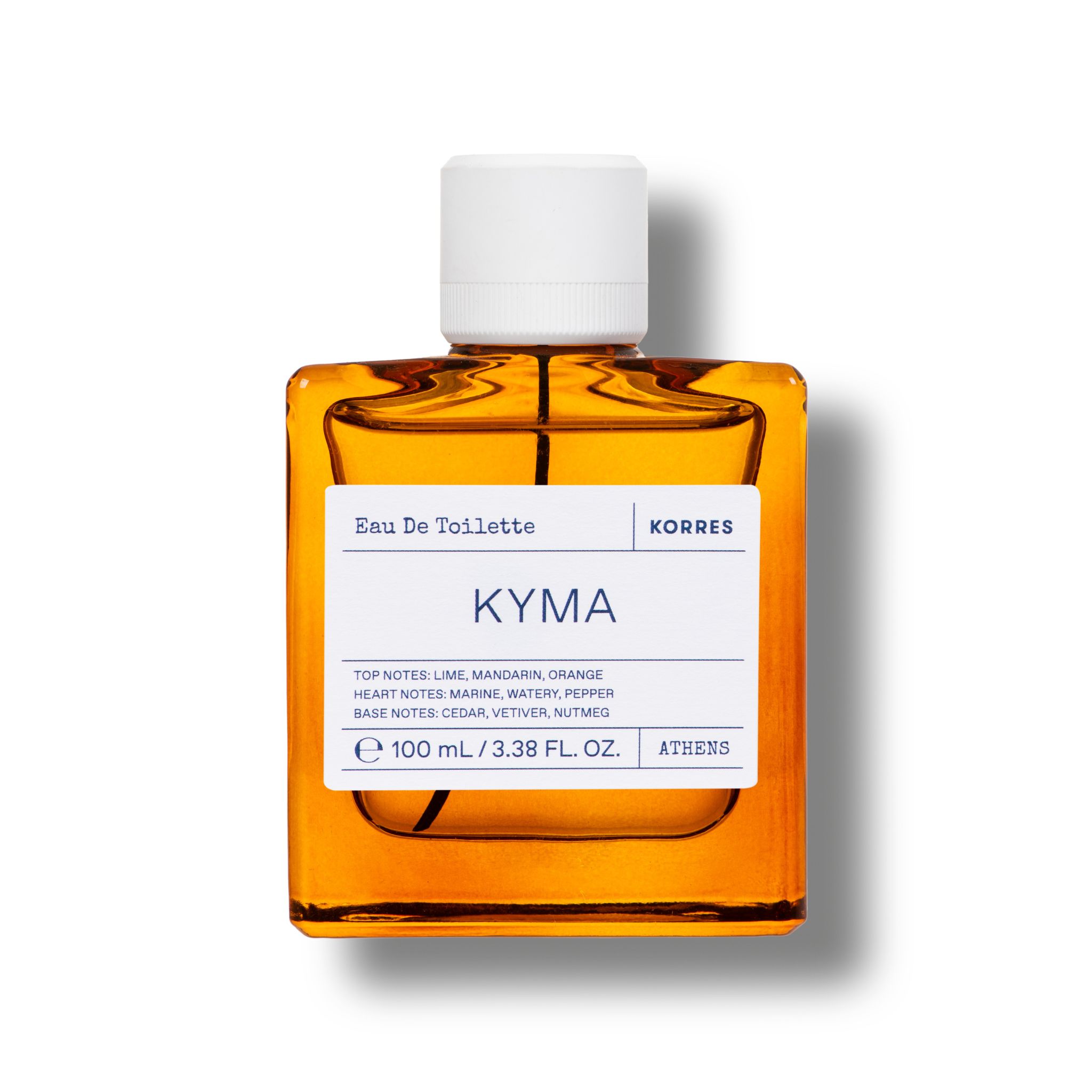 KORRES Eau de Toilette Kyma. Eckige Glasflasche mit weißem Verschluss. Aufkleber mit Produktnamen und Inhaltsstoffen. 100 ml.