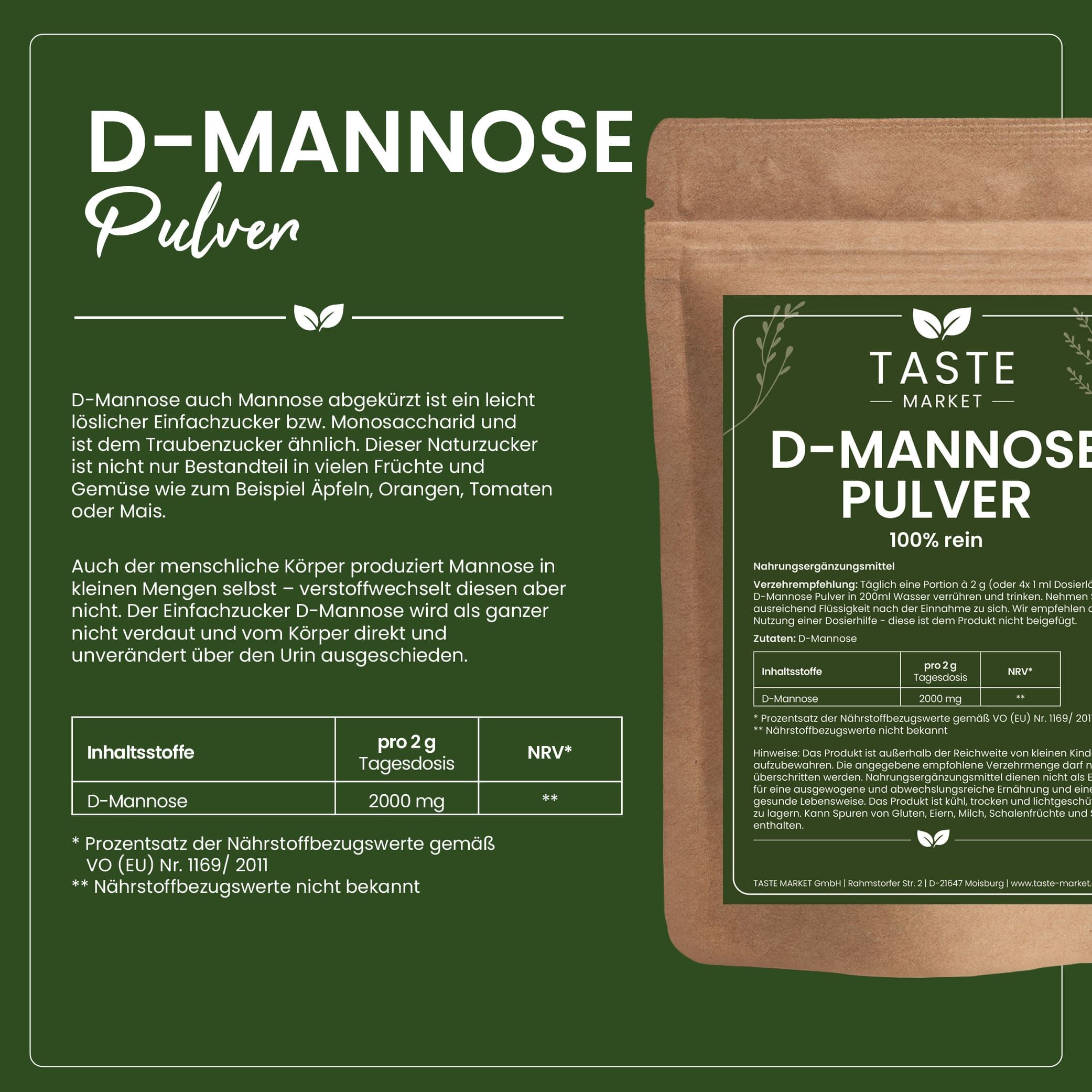 Informationen zu D-Mannose Pulver: Inhaltsstoffe, Nährwerte und Anwendungshinweise.