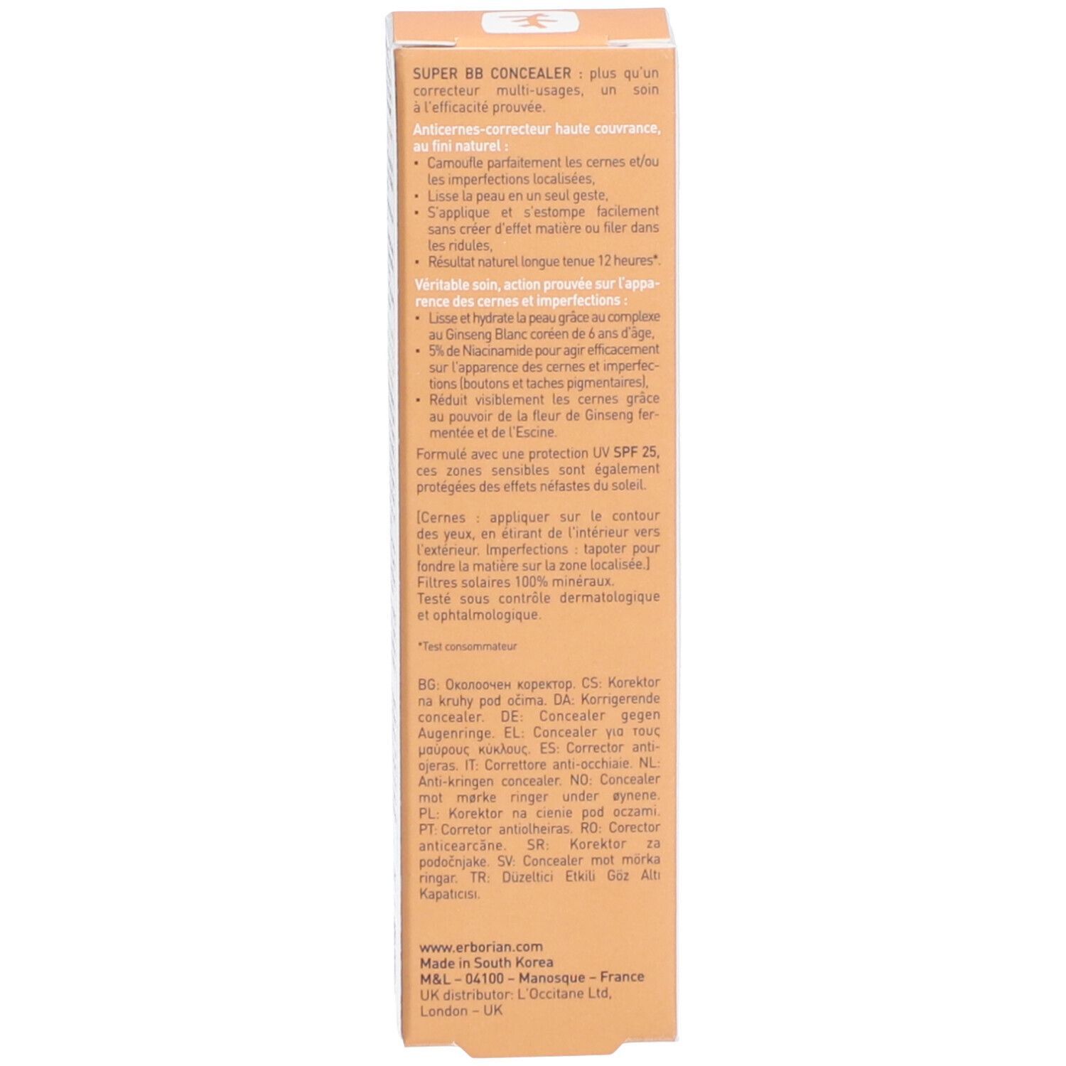 Seite der Verpackung. Informationen und Symbole. Marke: Erborian.