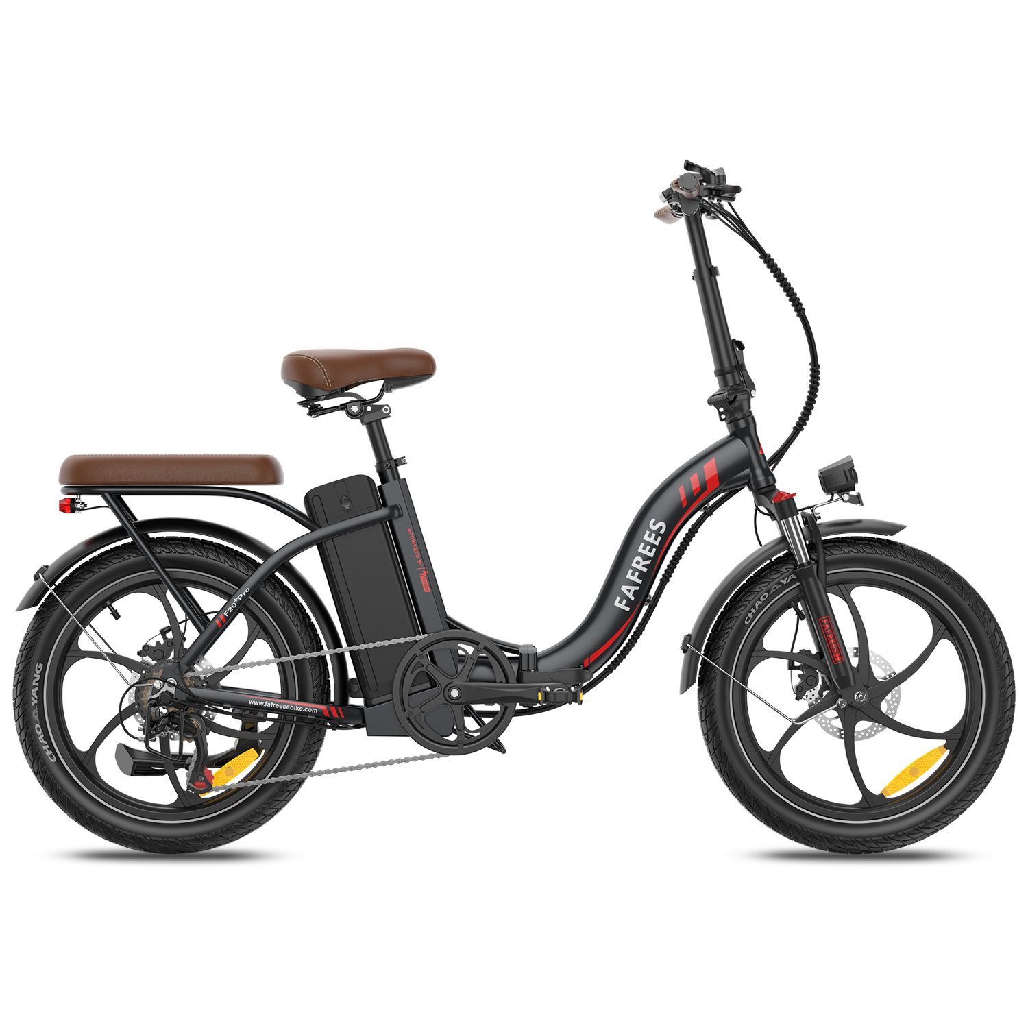 Faltbares E-Bike, schwarz mit braunem Sattel. Marke Fafrees. Sichtbare Details: Räder, Batterie, Schutzbleche, Gepäckträger.