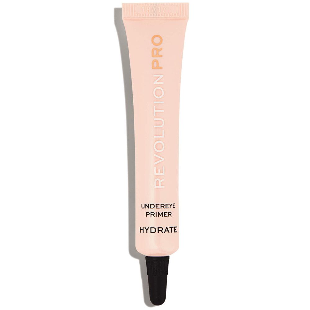 Eine Tube Makeup Revolution Pro Feuchtigkeitsspendende Augenkontur-Basis. Die hellrosa Tube hat einen schwarzen Applikator. Auf der Tube steht in Großbuchstaben "REVOLUTION PRO", darunter "UNDEREYE PRIMER" und "HYDRATE".