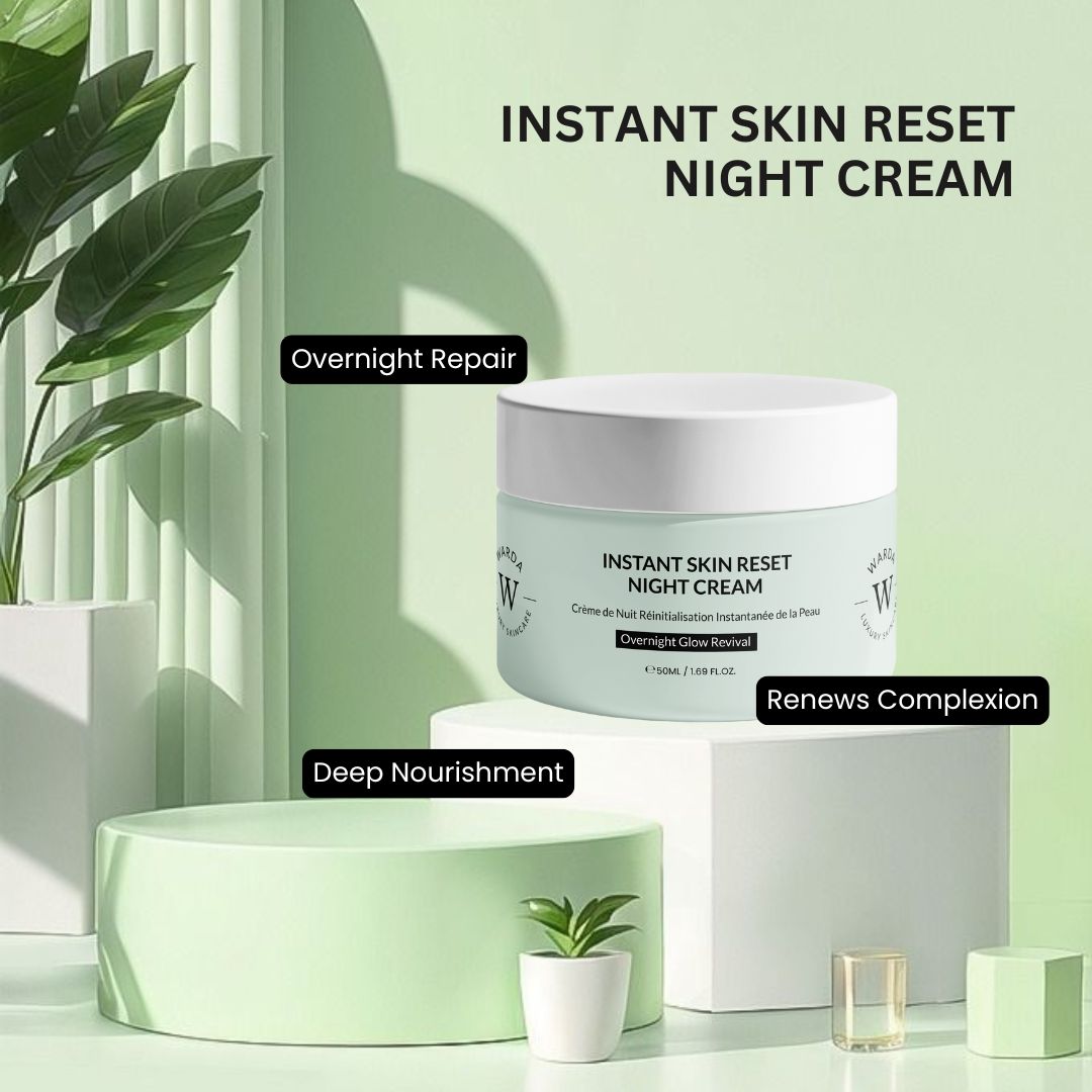 Creme-Tiegel auf Podest. Aufschrift: Instant Skin Reset Night Cream. Marke: Warda. Nachtcreme. Zusätzliche Textfelder.