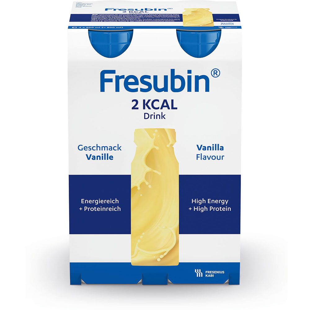 FRESUBIN 2 kcal Drink, Vanille, in Kartonverpackung. Blaue Deckel. Produktname, Geschmack und Nährwertangaben.