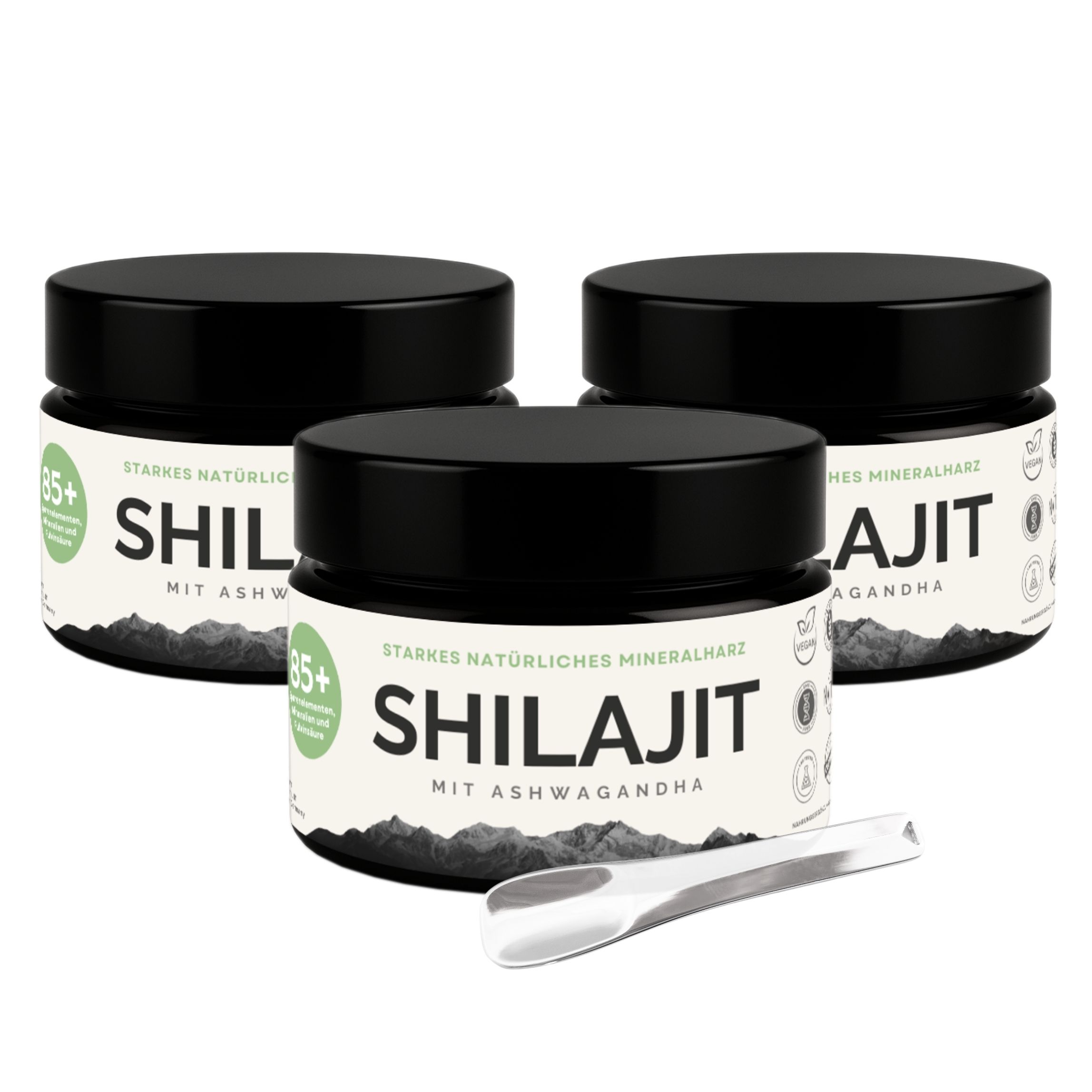 Drei schwarze Gläser mit Shilajit + Ashwagandha. Inklusive Löffel.